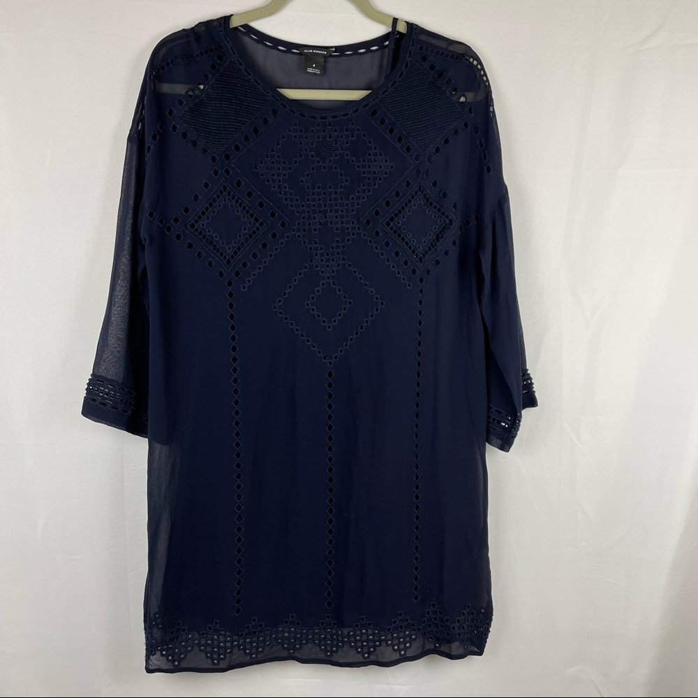 Club Monaco navy embroidered eyelet silk dress with lining 4